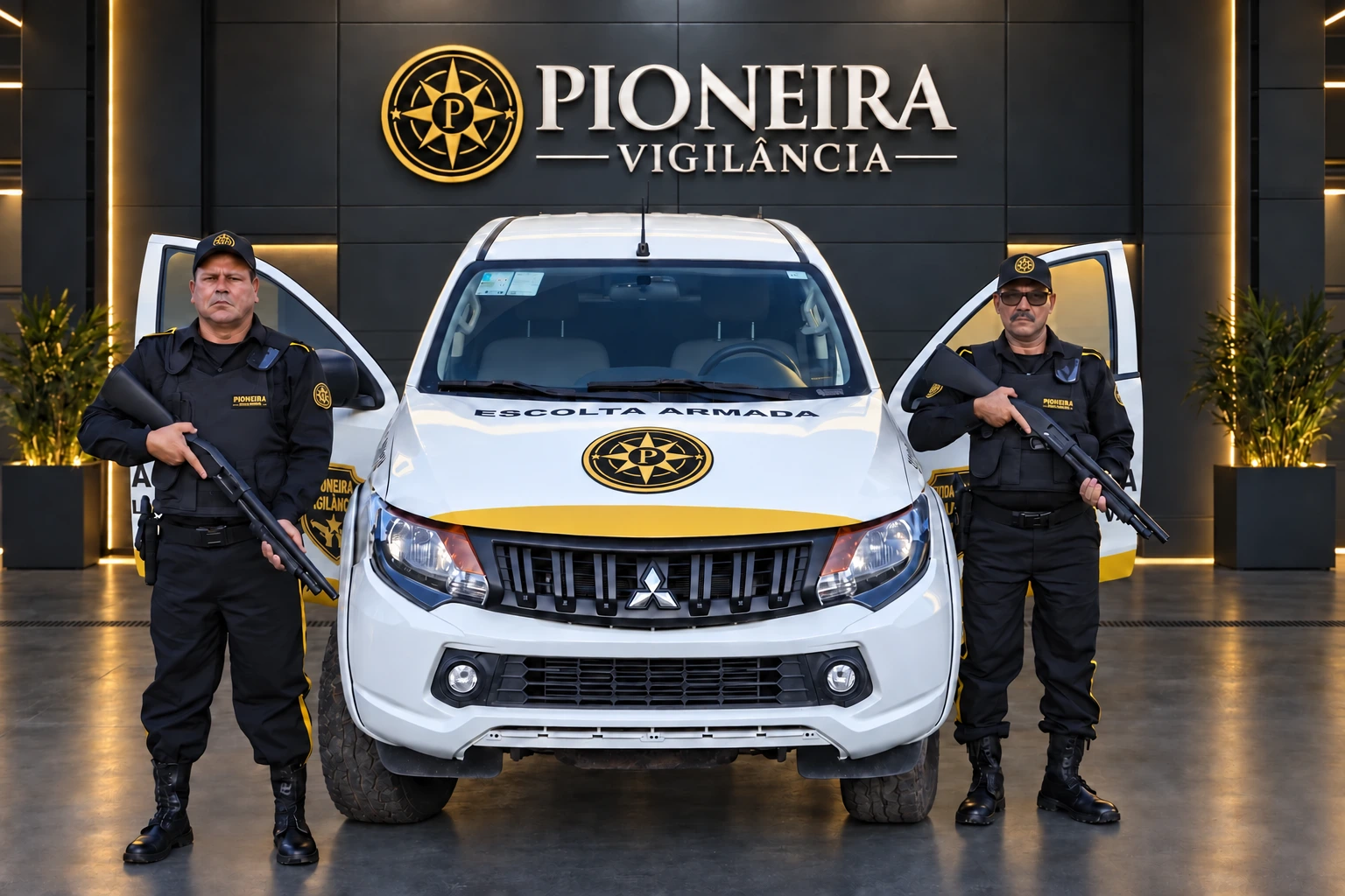 Profissionais e viatura Pioneira em composição com cenário personalizado